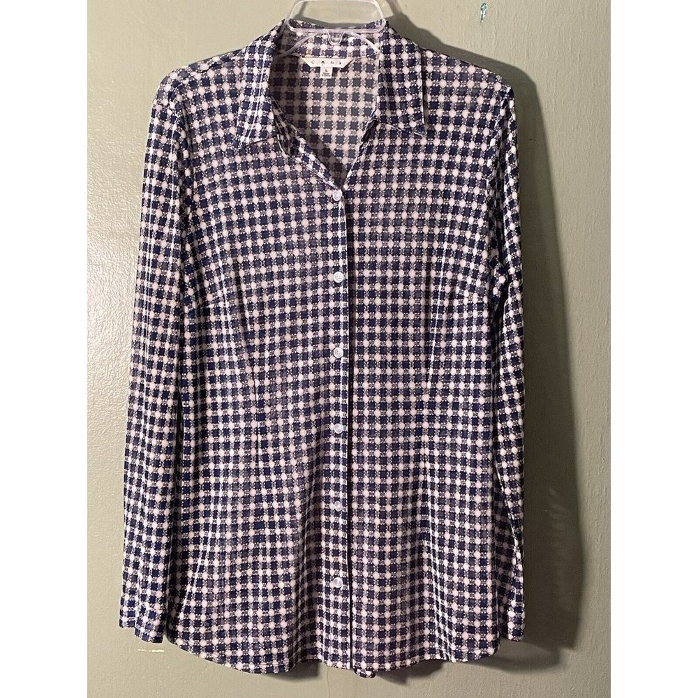Cabi Button Up Shirt Womens Large Blue White Lightweight Chiffon Casual